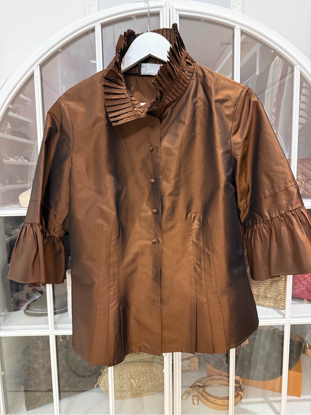 Dana Buchman Bronze Brown Ruffle-Collar Button-Front Blouse